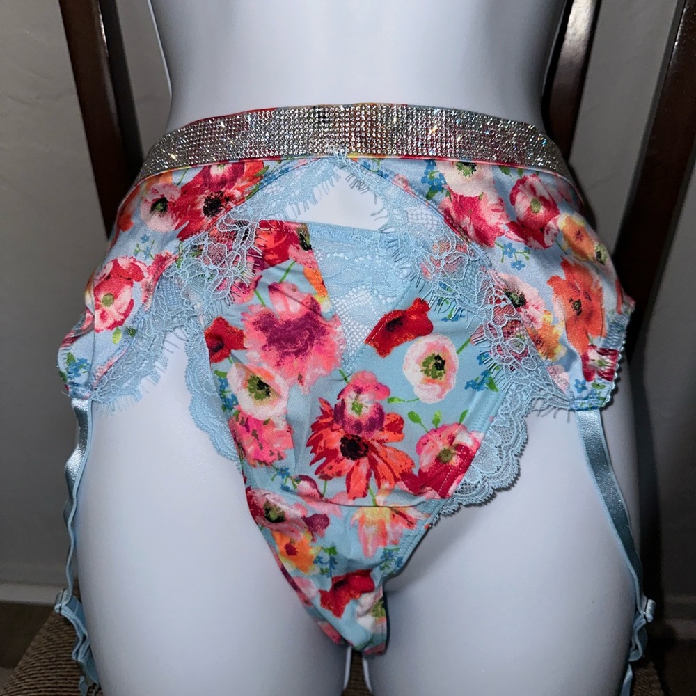 Victoria's Secret Light Blue Floral Lace Garter Panty